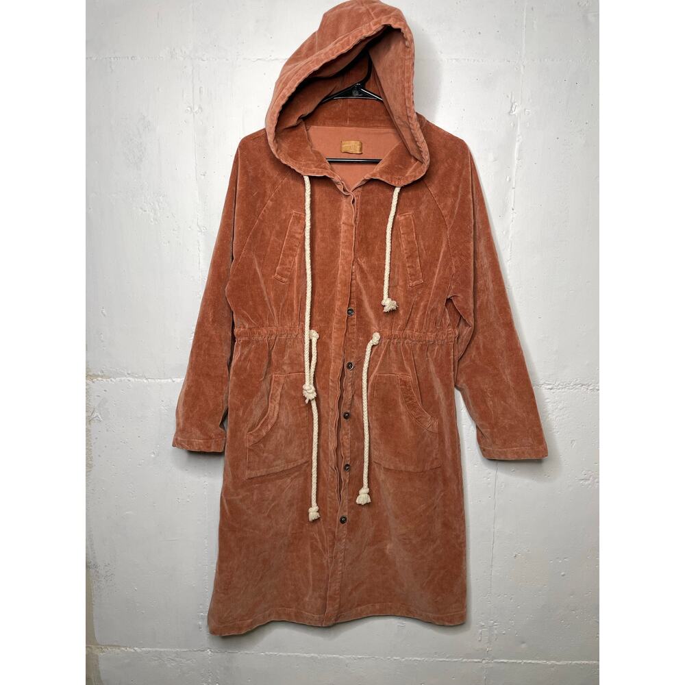 POL Womens Corduroy Long Jacket Rust Orange Size Small Hooded Button Down